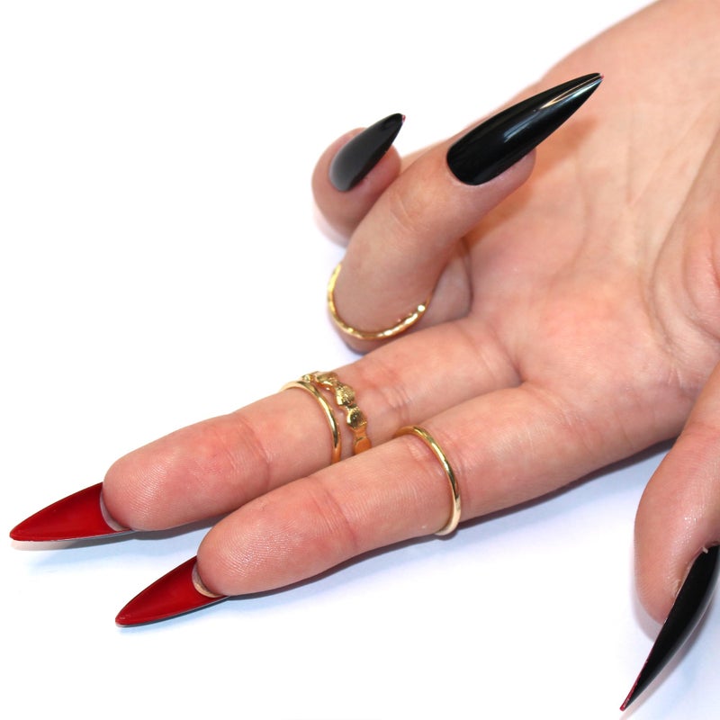 Allkem Press On Nails - Black Red Bottoms Glossy Extra Long Sculpted Stiletto 2 Set Bundle | 10 sizes - 20 pcs Nail kit with Glue - Image 3